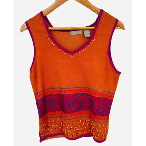 IVY Women Orange Floral Beaded V Neck Sleeveless Sweater Tank Top Size‎ Large